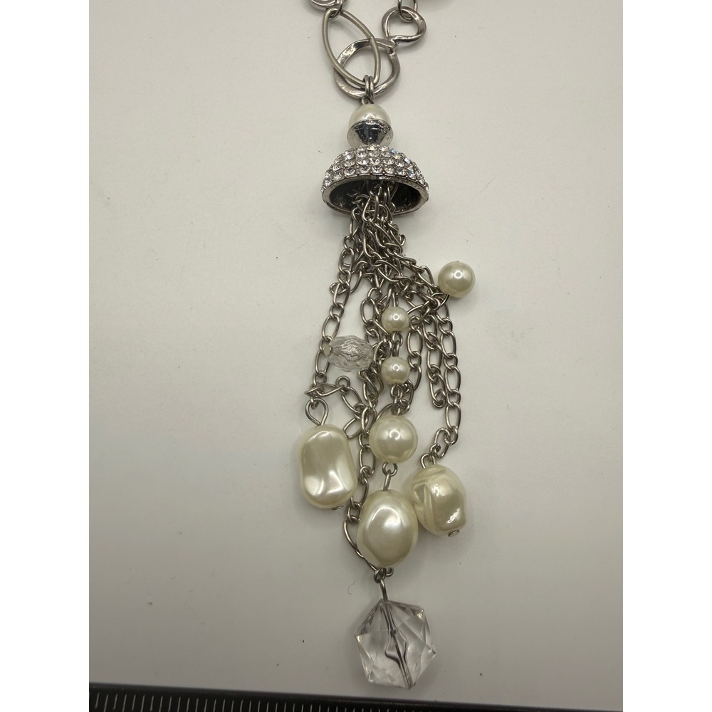 Silver‎ Tone Faux Pearl Tassel Statement Necklace Crystal Accents Long Chain
